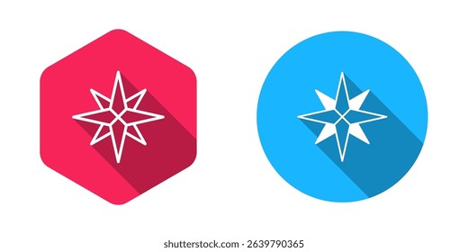 Filled and outline Wind rose icon isolated with long shadow background. Compass icon for travel. Navigation design.  Vector