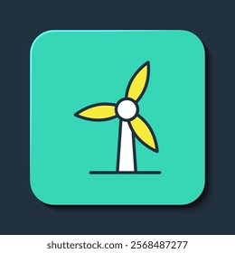 Filled outline Wind turbine icon isolated on blue background. Wind generator sign. Windmill for electric power production. Turquoise square button. Vector