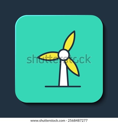 Filled outline Wind turbine icon isolated on blue background. Wind generator sign. Windmill for electric power production. Turquoise square button. Vector