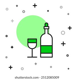 Filled outline Wine bottle with glass icon isolated on white background.  Vector