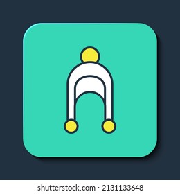 Filled outline Winter hat icon isolated on blue background. Turquoise square button. Vector