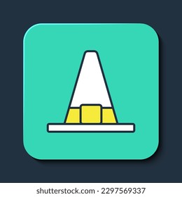 Filled outline Witch hat icon isolated on blue background. Happy Halloween party. Turquoise square button. Vector