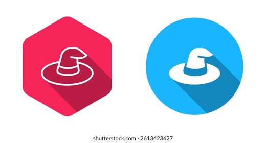Filled and outline Witch hat icon isolated with long shadow background. Happy Halloween party.  Vector