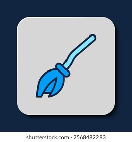 Filled outline Witches broom icon isolated on blue background. Happy Halloween party.  Vector