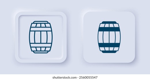 Filled and outline Wooden barrel icon isolated on grey background. Alcohol barrel, drink container, wooden keg for beer, whiskey, wine. Square button. Vector