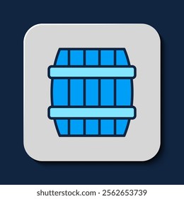 Filled outline Wooden barrel icon isolated on blue background. Alcohol barrel, drink container, wooden keg for beer, whiskey, wine.  Vector