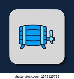 Filled outline Wooden barrel icon isolated on blue background. Alcohol barrel, drink container, wooden keg for beer, whiskey, wine.  Vector