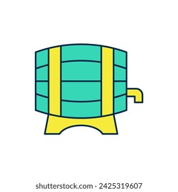 Filled outline Wooden barrel on rack with stopcock icon isolated on white background.  Vector