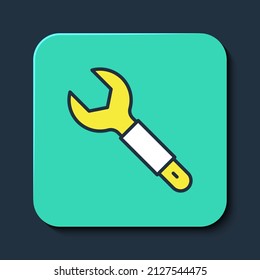 Filled outline Wrench spanner icon isolated on blue background. Spanner repair tool. Service tool symbol. Turquoise square button. Vector