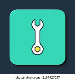 Filled outline Wrench spanner icon isolated on blue background. Spanner repair tool. Service tool symbol. Turquoise square button. Vector