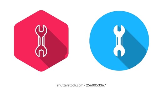 Filled and outline Wrench spanner icon isolated with long shadow background. Spanner repair tool. Service tool symbol.  Vector