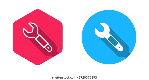 Icono de llave inglesa rellenado y contorno aislado con fondo de sombra largo. Herramienta de reparación de llave. Símbolo de la herramienta de servicio.  Vector