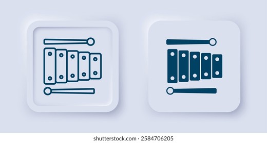 Filled and outline Xylophone - musical instrument with thirteen wooden bars and two percussion mallets icon isolated on grey background. Square button. Vector