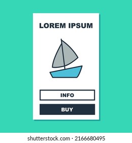 Filled outline Yacht sailboat or sailing ship icon isolated on turquoise background. Sail boat marine cruise travel.  Vector
