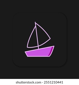 Icono de velero de yate o barco de vela aislado sobre fondo negro. Viaje de crucero marino de velero. Estilo de contorno relleno plano con sombra. Vector