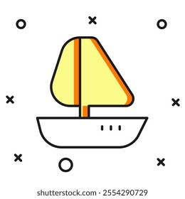 Filled outline Yacht sailboat or sailing ship icon isolated on white background. Sail boat marine cruise travel. Flat filled outline style with shadow. Vector