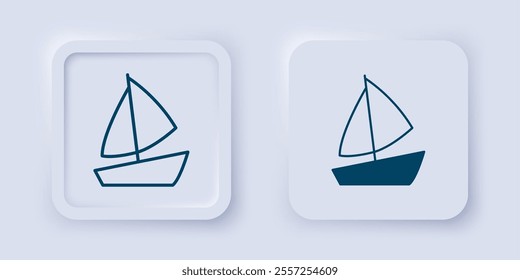 Filled and outline Yacht sailboat or sailing ship icon isolated on grey background. Sail boat marine cruise travel. Square button. Vector