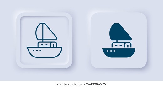 Filled and outline Yacht sailboat or sailing ship icon isolated on grey background. Sail boat marine cruise travel. Square button. Vector