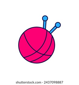 Filled outline Yarn ball with knitting needles icon isolated on white background. Label for hand made, knitting or tailor shop.  Vector