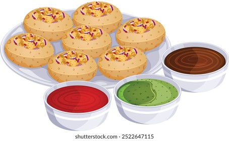 Filled Panipuries with Tamarind, Mint and Imli Chutneys. Indian Street Snacks Vector Art 