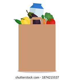 Filled paper bag with food on a white background. Natural food, organic vegetables. Vector illustration.