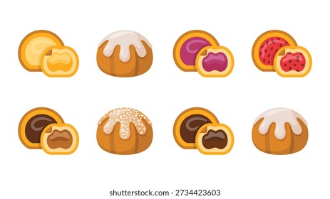 Filled pastry icons vector set with fruit jam centers, vanilla icing, chocolate drizzle, round buns, bakery sweets, cafe dessert graphics