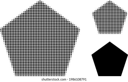 Filled pentagon halftone dotted icon. Halftone pattern contains round points. Vector illustration of filled pentagon icon on a white background.