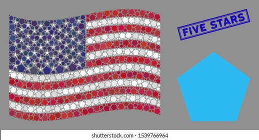 Filled pentagon items are organized into American flag stylization with blue rectangle corroded stamp watermark of Five Stars caption.