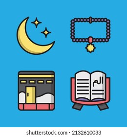 Filled Ramadan Icon Set such as moon star, tasbih, Kaaba, and Quran.