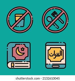 Filled Ramadan Icon Set such as no drink, no food, quran, and quran app.