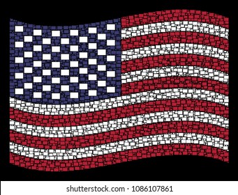 Filled rectange symbols are combined into waving American flag stylization on a dark background. Vector concept of American state flag is constructed from filled rectange items.
