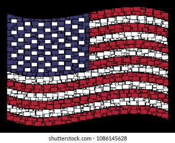Filled rectangle pictograms are arranged into waving USA flag abstraction on a dark background. Vector composition of American state flag is organized of filled rectangle elements.