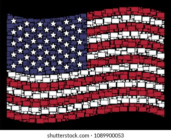 Filled rectangle pictograms are combined into waving American flag mosaic on a dark background. Vector concept of USA state flag is designed of filled rectangle elements.