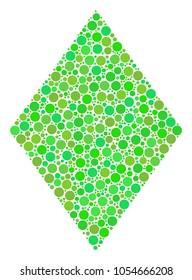 Filled Rhombus collage of dots in different sizes and eco green shades. Vector dots are grouped into filled rhombus composition. Fresh design concept.