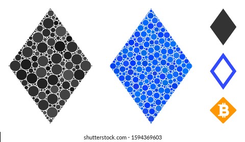 Filled rhombus composition of filled circles in different sizes and color tints, based on filled rhombus icon. Vector filled circles are grouped into blue composition.