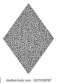 Filled Rhombus mosaic of small circles in variable sizes and color hues. Round dots are composed into filled rhombus vector collage. Dotted vector design concept.