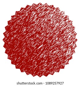 Filled rosette seal grunge textured template. Vector draft element with grainy design and unclean texture in red color. Designed for overlay watermarks and rubber seal imitations.