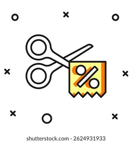 Filled Scissors cuts discount coupon icon isolated on white background. The concept of selling in an online supermarket at low prices or half the cost. Flat filled outline style with shadow. Vector