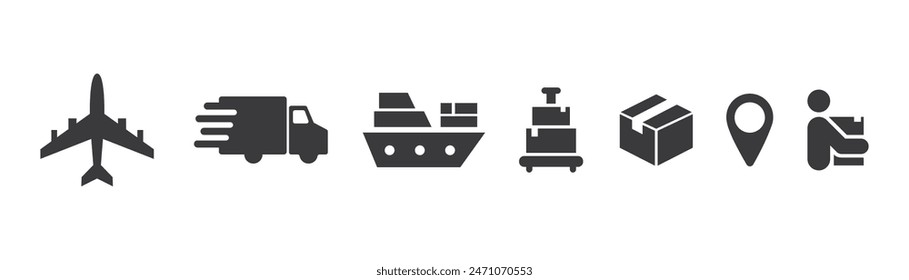 filled set of delivery and logistics icons. glyph vector icons such as pallet, factory, air mail, delivery delay, global logistic, delivery by motorcycle. vector illustration.