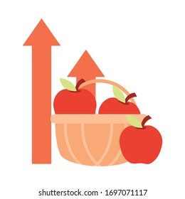 Filled Shopping Basket With Apple Up Arrows, Rising Food Prices, Flat Style Icon Vector Illustration