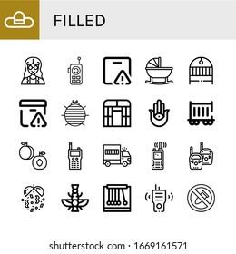 Filled Simple Icons Set. Contains Such Icons As Pamela Hat, Mathematician, Walkie Talkie, Important Delivery, Cradle, Woodlouse, Flat Arch Greenhouse, Can Be Used For Web, Mobile And Logo