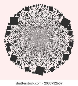 Filled square burst circle. Object pattern is constructed from scattered filled square symbols as festive spheric cluster. Abstraction spheric cluster mosaic is combined from filled square symbols.