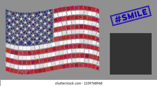 Filled square items are arranged into USA flag stylization with blue rectangle rubber stamp watermark of #Smile caption. Vector concept of USA waving flag is formed of filled square items.