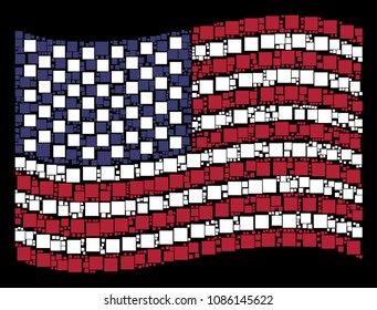 Filled square pictograms are organized into waving USA flag stylization on a dark background. Vector composition of USA state flag is done of filled square items.