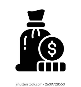 A filled style icon depicting money sack filled