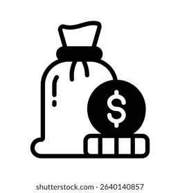 A filled style icon depicting money sack filled