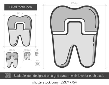 Icono de línea vectorial dental relleno aislado en fondo blanco. Icono de línea dental relleno para infografía, sitio web o aplicación. Icono escalable diseñado en un sistema de cuadrícula.