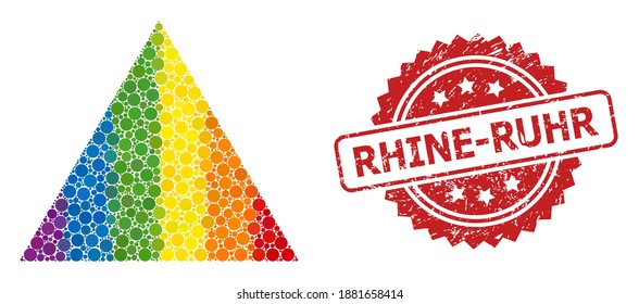 Filled triangle collage icon of round blots in variable sizes and rainbow colored color tints, and Rhine-Ruhr scratched rosette seal. A dotted LGBT-colored Filled triangle for lesbians, gays,