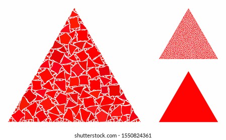 Filled triangle composition of trembly pieces in different sizes and shades, based on filled triangle icon. Vector trembly items are united into composition.