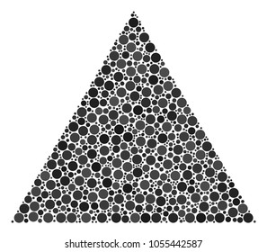 Filled Triangle mosaic of filled circles in different sizes and color tones. Circle dots are composed into filled triangle vector mosaic. Vector design concept.
